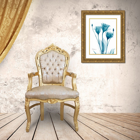 Three Gentian in Blue Gold Ornate Wood Framed Art Print with Double Matting by Koetsier, Albert