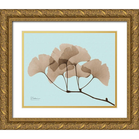 Gingko Leaves Brown on Blue Gold Ornate Wood Framed Art Print with Double Matting by Koetsier, Albert