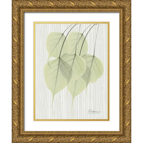 Bo Tree Leaves in Green on Stripes Gold Ornate Wood Framed Art Print with Double Matting by Koetsier, Albert