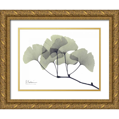 Gingko Leaves in Green Gold Ornate Wood Framed Art Print with Double Matting by Koetsier, Albert