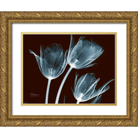 Tulips Blue on Red Gold Ornate Wood Framed Art Print with Double Matting by Koetsier, Albert