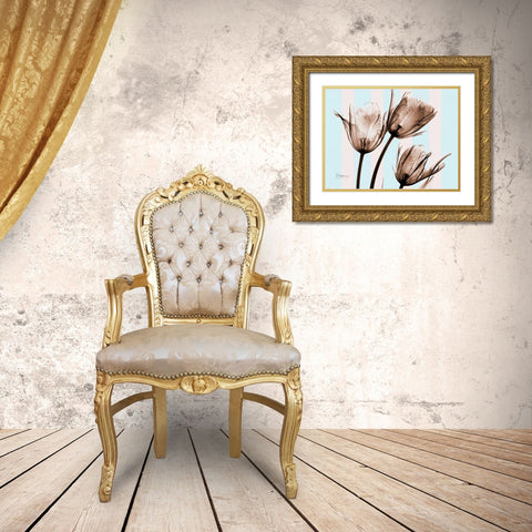 Tulips Brown on Blue Gold Ornate Wood Framed Art Print with Double Matting by Koetsier, Albert