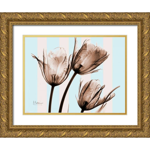 Tulips Brown on Blue Gold Ornate Wood Framed Art Print with Double Matting by Koetsier, Albert