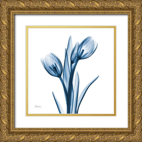 Tulips Indigo Gold Ornate Wood Framed Art Print with Double Matting by Koetsier, Albert
