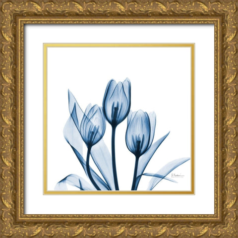 Tulips Indigo Gold Ornate Wood Framed Art Print with Double Matting by Koetsier, Albert