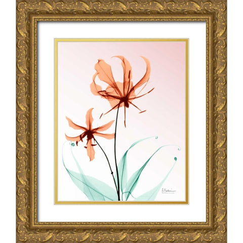 Gloriosa Lily Corals Gold Ornate Wood Framed Art Print with Double Matting by Koetsier, Albert