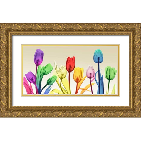 Floral Rainbow Splurge Gold Ornate Wood Framed Art Print with Double Matting by Koetsier, Albert