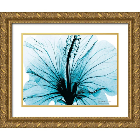 Aqua Hibiscus Gold Ornate Wood Framed Art Print with Double Matting by Koetsier, Albert