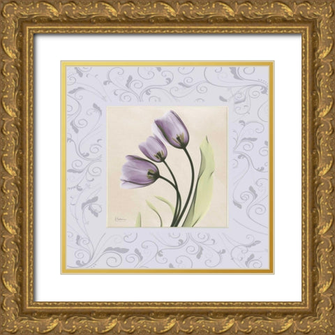 Purple Tulips on Purple Damask Gold Ornate Wood Framed Art Print with Double Matting by Koetsier, Albert