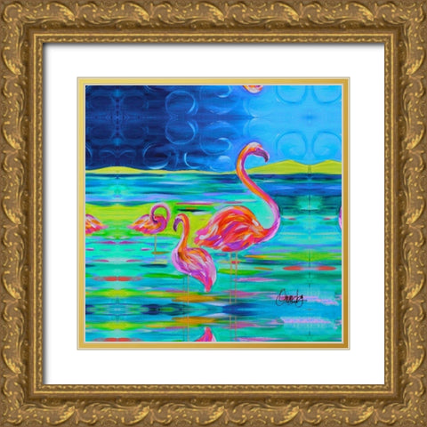 Duo Flamingos Gold Ornate Wood Framed Art Print with Double Matting by Ormsby, Anne