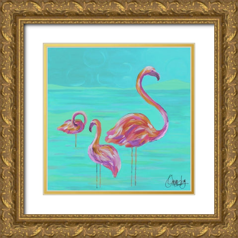 Duo Flamingos Gold Ornate Wood Framed Art Print with Double Matting by Ormsby, Anne
