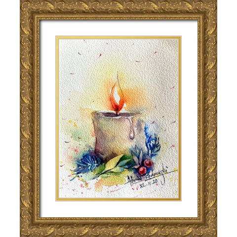 Candle With Cherries Gold Ornate Wood Framed Art Print with Double Matting by Rudraksi, Ashwini