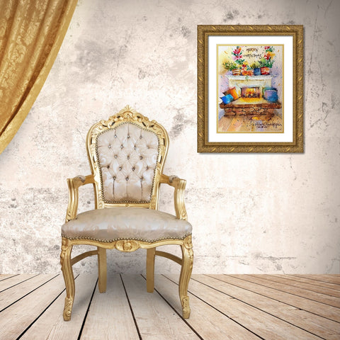 Christmas Fire Place Gold Ornate Wood Framed Art Print with Double Matting by Rudraksi, Ashwini