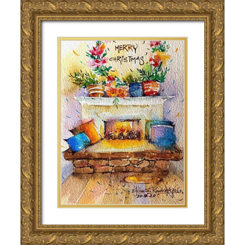 Christmas Fire Place Gold Ornate Wood Framed Art Print with Double Matting by Rudraksi, Ashwini