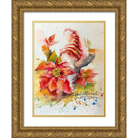 Gnome With Poinsettias Gold Ornate Wood Framed Art Print with Double Matting by Rudraksi, Ashwini