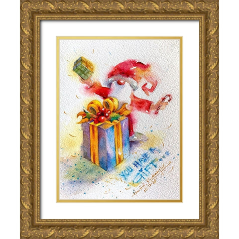 Santa With Gift Gold Ornate Wood Framed Art Print with Double Matting by Rudraksi, Ashwini