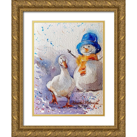 Goose And Snowman Gold Ornate Wood Framed Art Print with Double Matting by Rudraksi, Ashwini