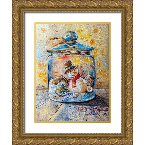 Snowman In Jar Gold Ornate Wood Framed Art Print with Double Matting by Rudraksi, Ashwini