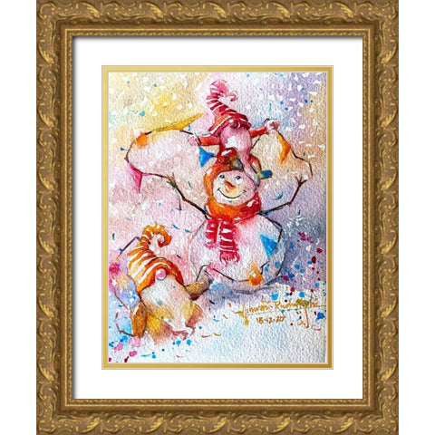 Snowman With Gnome Gold Ornate Wood Framed Art Print with Double Matting by Rudraksi, Ashwini