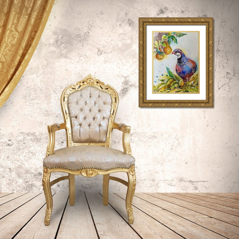 Partridge In Pear Tree Gold Ornate Wood Framed Art Print with Double Matting by Rudraksi, Ashwini