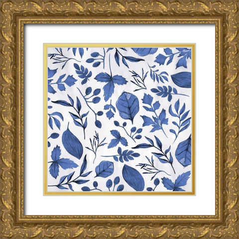 Indigo Foliage Gold Ornate Wood Framed Art Print with Double Matting by Vidal, Alicia