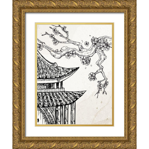 Pagoda Cherry Blossom 1 Gold Ornate Wood Framed Art Print with Double Matting by Bailey, Ann