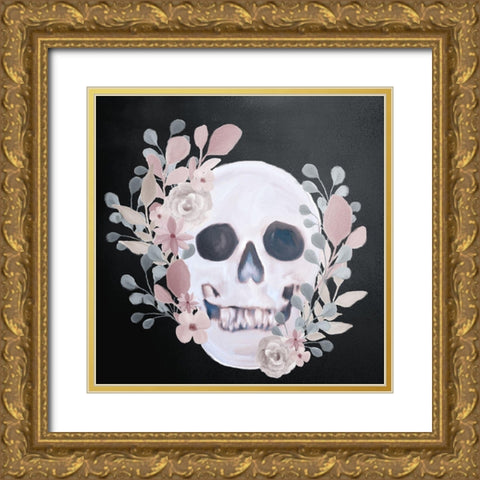 Soft Floral Skull Gold Ornate Wood Framed Art Print with Double Matting by Bailey, Ann