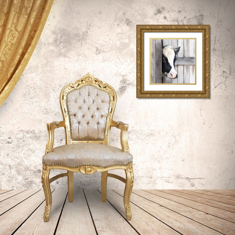 Peeking Cow Gold Ornate Wood Framed Art Print with Double Matting by Bailey, Ann