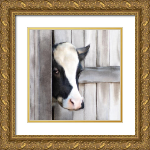 Peeking Cow Gold Ornate Wood Framed Art Print with Double Matting by Bailey, Ann