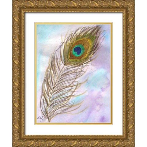 Peacock Feather 1 Gold Ornate Wood Framed Art Print with Double Matting by Dyer, Beverly