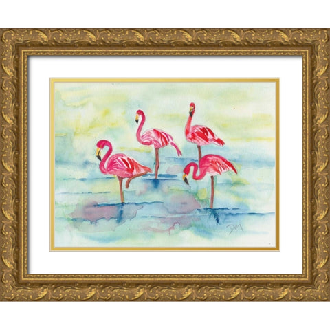 Sunset Flamingoes II Gold Ornate Wood Framed Art Print with Double Matting by Dyer, Beverly