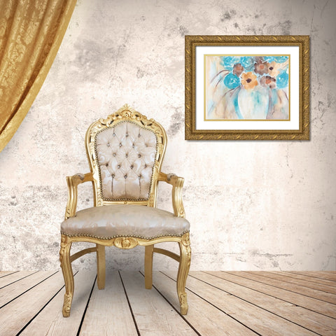 Teal Brown Garden Bouquet Gold Ornate Wood Framed Art Print with Double Matting by Dyer, Beverly