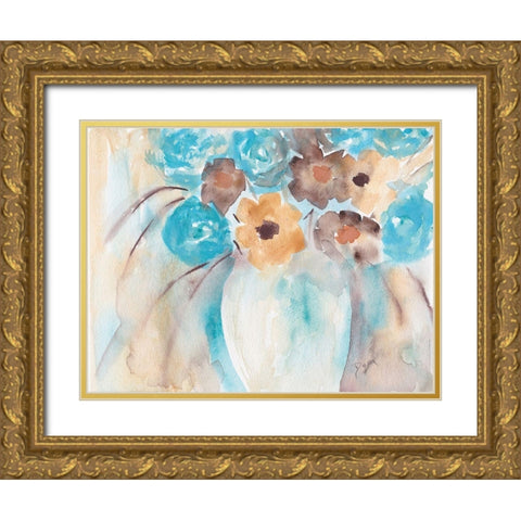 Teal Brown Garden Bouquet Gold Ornate Wood Framed Art Print with Double Matting by Dyer, Beverly