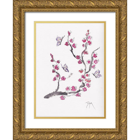 Plum Blossom with Butterflies Gold Ornate Wood Framed Art Print with Double Matting by Dyer, Beverly