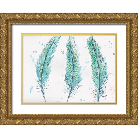 Aqua Feathers Gold Ornate Wood Framed Art Print with Double Matting by Dyer, Beverly
