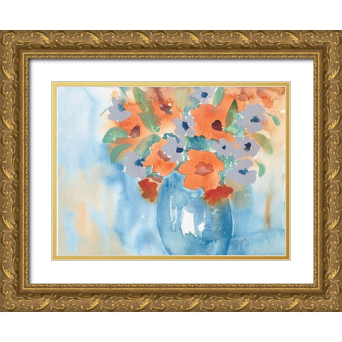 Orange Blue Bouquet Gold Ornate Wood Framed Art Print with Double Matting by Dyer, Beverly