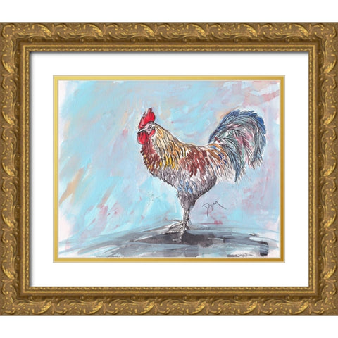 Rooster Gold Ornate Wood Framed Art Print with Double Matting by Dyer, Beverly