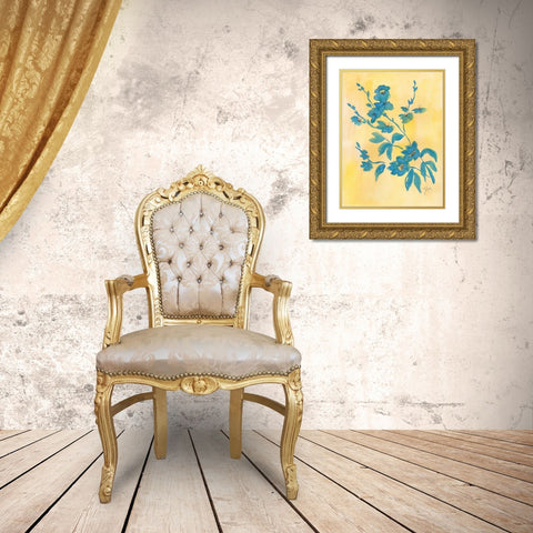 Floral Blue Yellow Gold Ornate Wood Framed Art Print with Double Matting by Dyer, Beverly