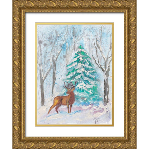 Holiday Deer Gold Ornate Wood Framed Art Print with Double Matting by Dyer, Beverly