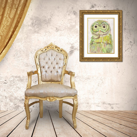 Mr Owl Green Gold Ornate Wood Framed Art Print with Double Matting by Dyer, Beverly