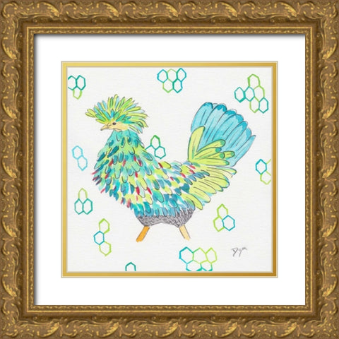 Funky Chicken Squared 2 Gold Ornate Wood Framed Art Print with Double Matting by Dyer, Beverly