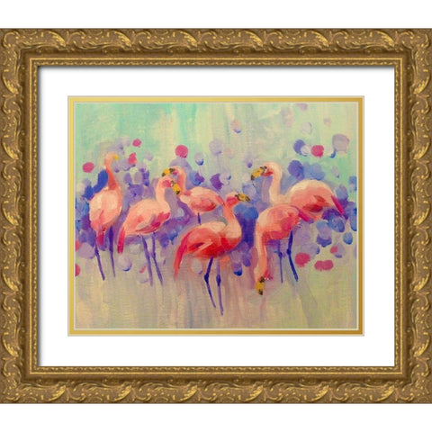 Flamingo Party Gold Ornate Wood Framed Art Print with Double Matting by Boho Hue Studio