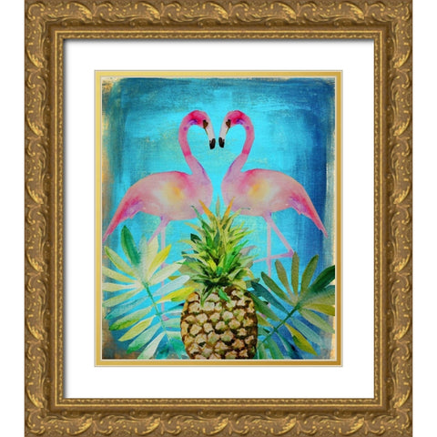 Pineapple Flamingos Gold Ornate Wood Framed Art Print with Double Matting by Boho Hue Studio