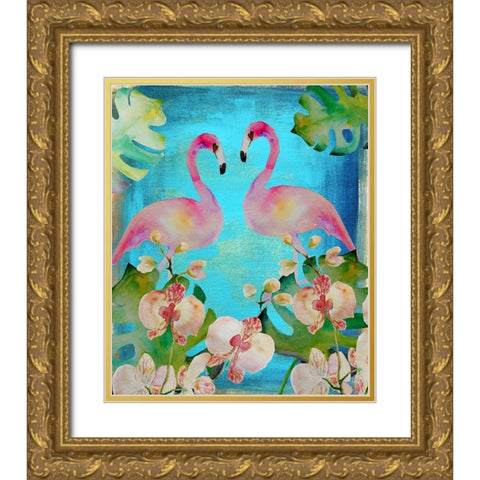 Orchid Flamingos Gold Ornate Wood Framed Art Print with Double Matting by Boho Hue Studio