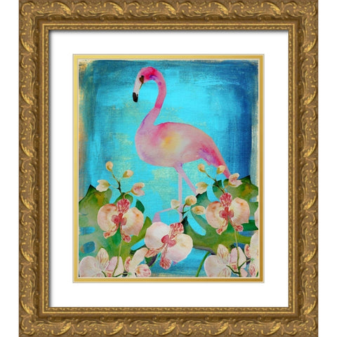Orchid Flamingo Gold Ornate Wood Framed Art Print with Double Matting by Boho Hue Studio