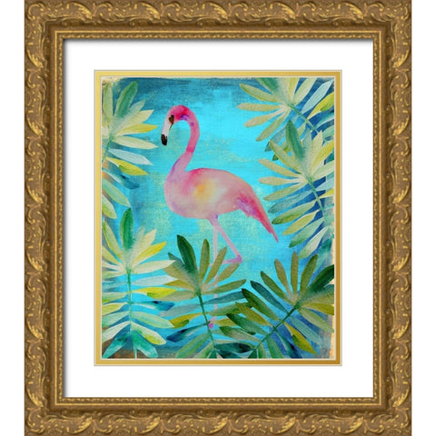 Palm Flamingo 1 Gold Ornate Wood Framed Art Print with Double Matting by Boho Hue Studio