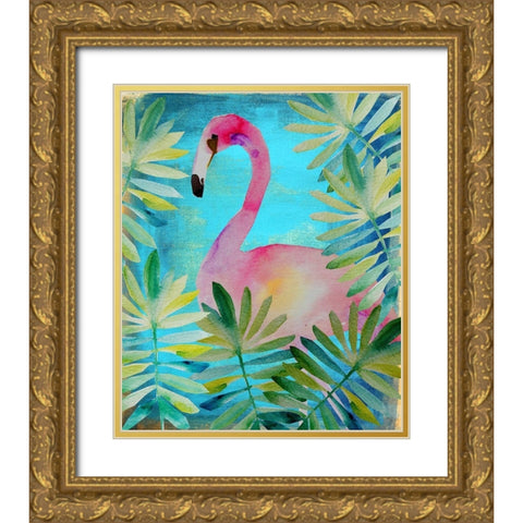 Palm Flamingo 2 Gold Ornate Wood Framed Art Print with Double Matting by Boho Hue Studio