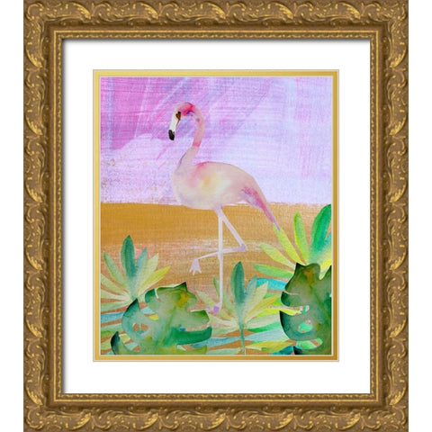 Palm Flamingo 3 Gold Ornate Wood Framed Art Print with Double Matting by Boho Hue Studio