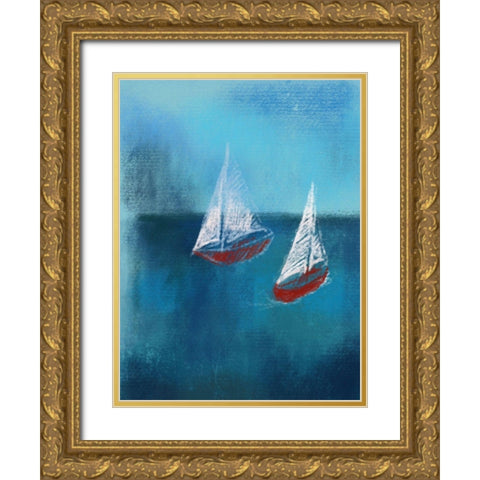 Two Red Sailboats Gold Ornate Wood Framed Art Print with Double Matting by Boho Hue Studio
