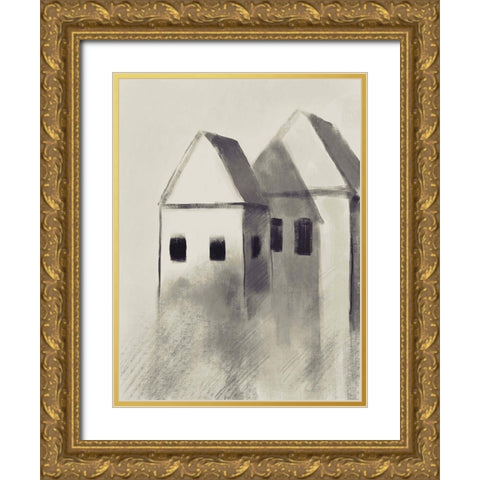 Charcoal Houses 1 Gold Ornate Wood Framed Art Print with Double Matting by Boho Hue Studio